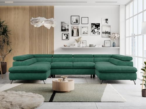 MKS MEBLE Sofa U-Form Türkis, Wohnlandschaft U-Form, Sofa mit Schlaffunktion und Bettkasten, Schlafsofa mit Bettkasten, Couch mit Verstellbare Kopfstützen - Peter U - Türkis Struktur