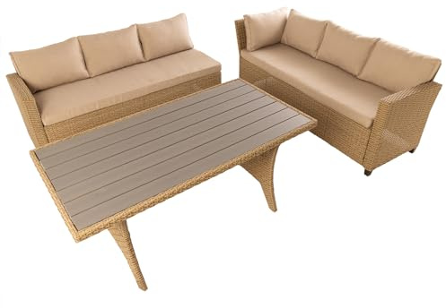 riess-ambiente.de Outdoor Sitzgruppe Monaco 240cm Natur Polyrattan Gartenmöbel inkl. Kissen und Esstisch