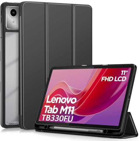 XLTTONG Case for Lenovo Tab M11 11 Inch 2024 with Pen Holder,Clear Transparent Hard PC Back Cover Smart Trifold Stand Case for Lenovo M11,Auto Wake/Sleep (Black)