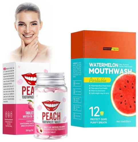 30 Pcs Zahnpasta Tabletten, 20 Pcs Mundwasser, Feste Zahnpasta, Kaubare Zahnpasta, Natürliche Zahnaufhellung Zahnpasta, Fruity Mouthwash,Saubere Zähne Und Frischer Atem (Pfirsich + Wassermelone)