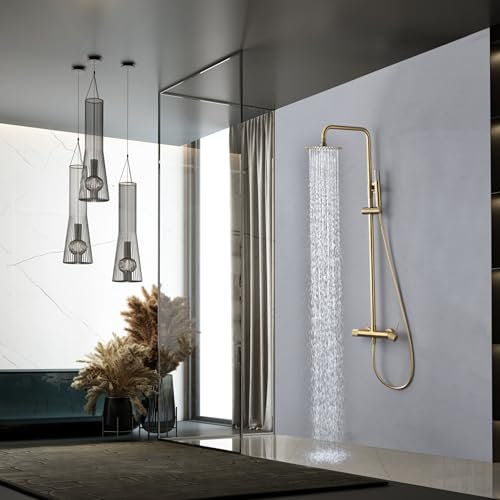 IMEX - Columna Ducha Oro Cepillado con Grifo | Kit de Ducha con Alcachofa y Flexo Dorada| Griferia Monomando y Rociador Antical | Griferia en Latón y Acero Inox S.304 con Barra Extensible | Serie Line
