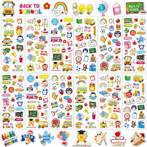 UPINS Sticker Einschulung, 12 Blatt Einschulung Aufkleber 3D Kinder Schulanfang Sticker DIY Schulanfang Aufkleber Einschulung Deko Sticker für Schüler Lehrer