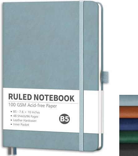 RETTACY Notizbuch Liniert B5, Leichtes Journal Tagebuch mit 96 nummerierten Seiten,100gsm Notizbücher, Innentasche, Hardcover Buch für Büro Schule Arbeit Frauen Männer, 19.3x 25.4cm - Graublau