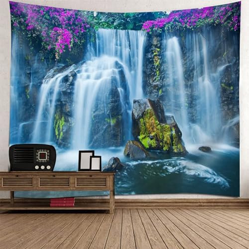 KnSam Wandtuch, Berg Wasserfall Blumen Tapisserie Wandbehang Multicolor Polyester, Natur Landschaft Wandteppich Wandtücher für Tischdecke Wohnzimmer Schlafzimmer Decor, 350x256cm