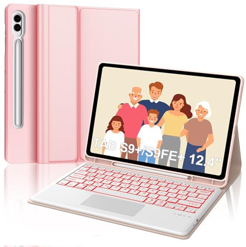 Tastatur für Samsung Galaxy Tab S10+/S9FE+/S9+ con Touchpad, Hülle Tastatur Kompatibel mit Samsung Tab S9/S9FE/S10 Plus 12.4 Zoll 2023/2024, 7-Farbige Beleuchtung Magnetisch mit QWERTZ Layout, Rosa