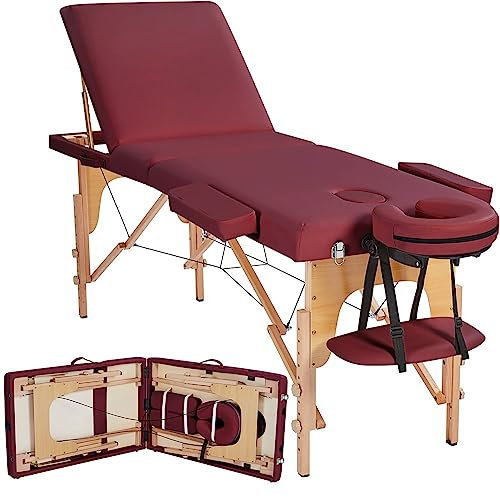 Verstellbares Wimpernbett, Massagebett, Tattoo-Tattoo-Tisch, 3 Abschnitte, zusammenklappbar, tragbar, Massageliege, 84 Salon-Beauty-Couch für Spa-Behandlungen & Tattoos, Burgunderrot