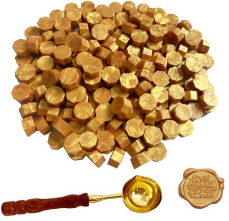 BJOYEE 200 Stück Siegelwachs Gold, Siegelwachs Perlen mit 1 Schmelzlöffel, achteckiges Wachssiegel-Set für Stempel, für Einladungen/Umschläge/Karten/Weinpakete/Geschenkverpackungen (Gold)