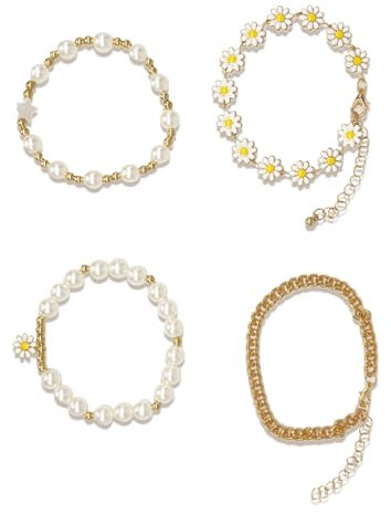 Aikeis 4-teiliges weißes kleines Gänseblümchen-Strandarmband, Sterne und Perlen, Damen- und Mädchen-Armband-Set, Gänseblümchen-Strandarmband, gestapelte Perlen