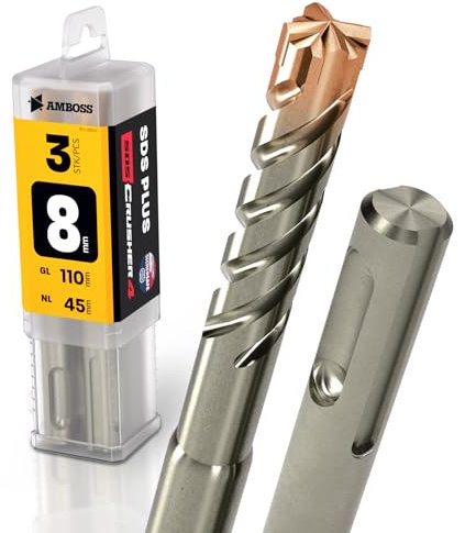 SDS Plus Hammerbohrer 4X Schneiden PGM Ø 8.0mm x 45mm - AMBOSS Werkzeuge SDS Crusher 4 - HM Betonbohrer Hartmetall Profi Bohrer 8.0 mm x 45 - Steinbohrer Stahlbeton Mauerwerk Ziegel Kalksandstein