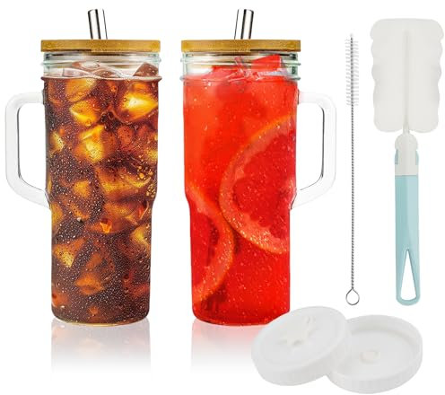 Glass Cups with Bamboo Lids and Straws - 600 ml Tumbler With Handle - 2 Pack Mason Jar with Lid and Straw - Wide Mouth Reusable Drinking Glasses - Boba Cup Smoothie Tumbler Iced Coffee Cup Travel Mug