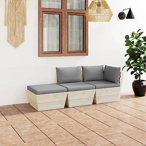 3-tlg. Garten-Sofagarnitur aus Paletten mit Kissen Fichtenholz, Outdoor-Sitzgruppe, Terrassen-Lounge-Set, Garten-Couchgarnitur - Wetterbeständig, Komfortabel - für Terrasse, Garten und Balkon