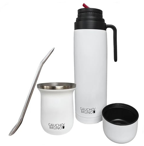 Gaucho Bruno - Kit industrial de acero inoxidable para beber yerba mate, pajita de bombilla y 1 litro, fácil de limpiar, cómodo de sostener, cálido durante más tiempo, color blanco
