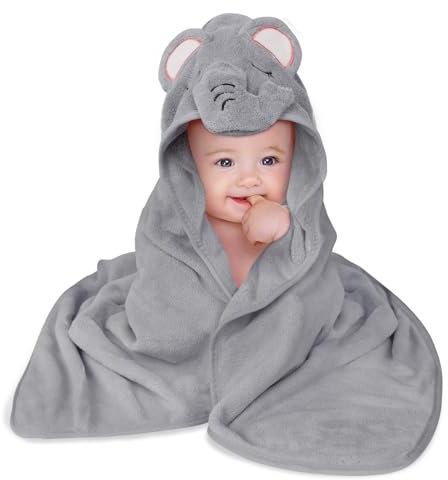 Aolso Kapuzenhandtuch - Baby Handtuch mit Kapuze, 80x80 cm, Korallenvlies, Weich & Super Saugfähig, Unisex (Grauer Elefant)