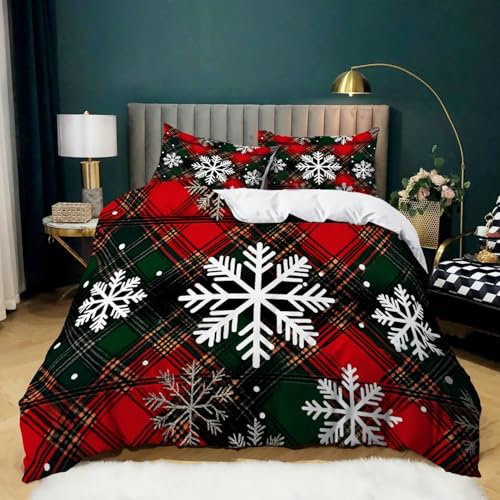 Housses De Couette Noël Flocons De Neige À Carreaux Ensemble De Housses De Couette Imprimées Faciles d'entretien 140 X 200 Cm Literie en Microfibre Élégants Et Respirants Housse De Couette Coloré