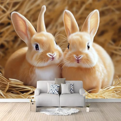Papier Peint Panoramique Lapin En Paille Beige 250x175 cm Papier Peint Photo Mural Intissé, Poster Tapisserie Mural Personnalisé 3D Pour Salon Chambre Décoration Murale
