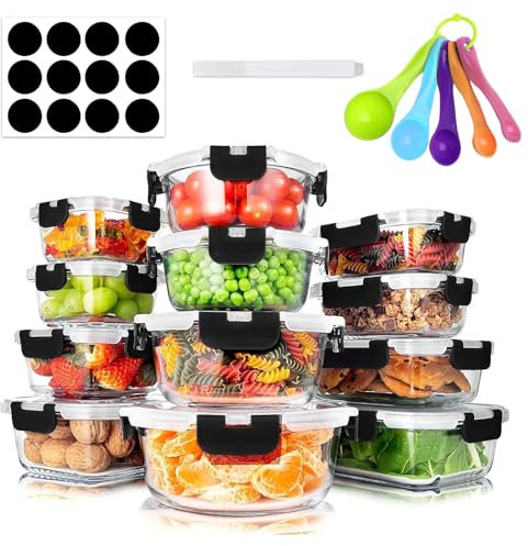 ZhouZGlass Glass Meal Prep Containers with Spoon, Stackable Glass Food Storage Containers with Lids, Airtight Lunch Containers, Microwave, Oven, Freezer and Dishwasher (12 Pcs-Black)