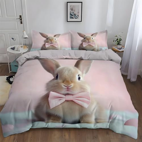 Bettbezug Ostern Niedlicher Hase Grafikdruck Raumdekor Bettwäsche Set 135 x 200 cm für Erwachsene Jungen und Mädchen, Wendbarer Grau Bedruckter Bettbezug mit 2 Kissenbezügen 80 x 80 cm