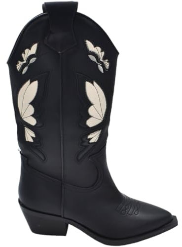 Stivali Donna Western Vero camperos Corina Nero con Farfalle Bianco Altezza Media Tacco texano 5 cm (40 EU)
