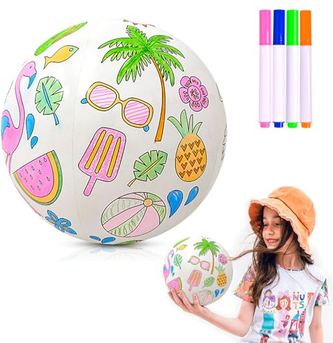 JWTRSVTY DIY Wasserball Aufblasbar, Aufblasbarer Strandball mit Marker Pen, Hawaiianischer Stil Strandball, DIY Einzigartig Strand Bälle, Farbig Wasserbälle Spielzeug,Für Sommer Strand Schwimmen Party