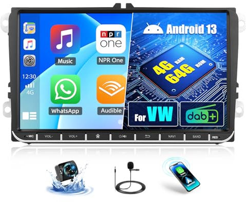 OiLiehu 4+64G Dab+ Android 13 2 DIN Carplay Android Auto para VW Passat Golf Jetta EOS Polo Touran Seat Sharan Pantalla Radio Coche 9 Pulgadas con Mirror Link Bluetooth FM RDS GPS WiFi