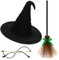 Bofeiya 3Pcs Witch Costume Accessories Include Black Witch Hat Glasses and Broom for Girls Women Halloween Movie Cosplay Props Role-playing Party