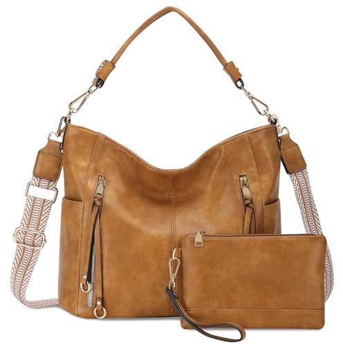 Chase Chic Handtasche Damen, Leder umhängetasche Shopper Hobo Taschen Geldbörse set Gross Schultertasche mit Abnehmbar Schulterriemen 2pcs Gelbbraun