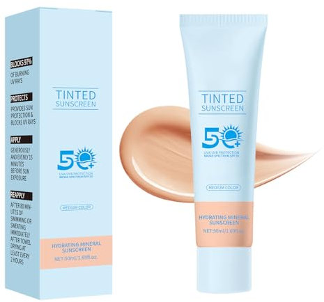 Getönte Sonnencreme mit Farbton, Leichte Sonnencreme Lsf 50+, Leichte Feuchtigkeitspflege Mit Breitbandschutz, Wasserfest Und Nicht Fettend (Mittlere Tönung, Sonnenschutzfaktor (SPF), 50)