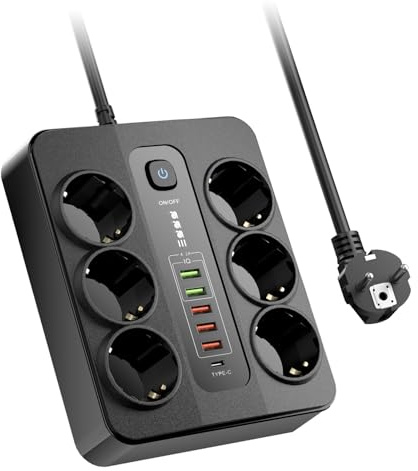 Regleta de 6 enchufes con 5 USB A y 1 Type-C, Enchufes con Interruptor (Negro)