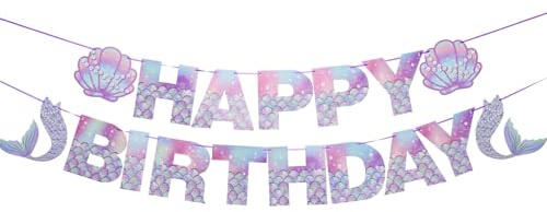 HXJFGDM Meerjungfrau Geburtstag Deko Girlande Happy Birthday Banner Kindergeburtstag Meerjungfrau Partydekoration mit Muscheln & Mermaid Schwanz