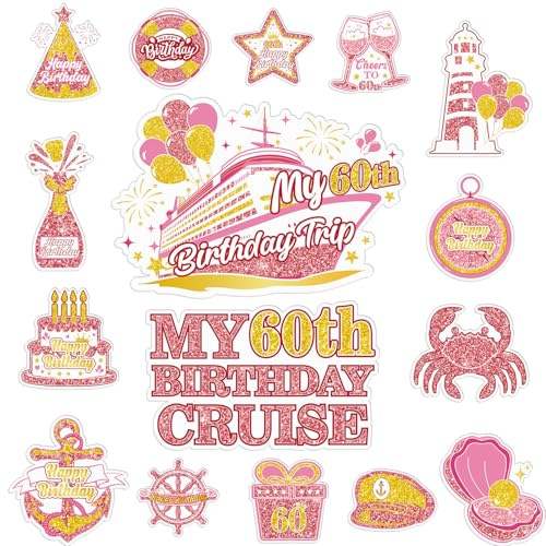 Cosmisun Cruise Door Decorations Magnetic - 16 Pcs 60th Birthday Cruise Door Magnets Rose Gold 60 Years Old Birthday Cruise Ship Door Decorations 1965 Magnet Stickers for Carnival Cabin Party Decor