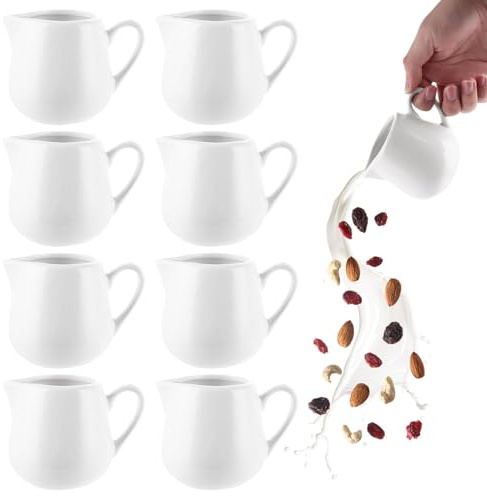 LOLYSIC Lot de 8 Pot a Lait en Céramique Blanc 240 ml, Pichet Lait avec Poignée et Bec Verseur, Pot à Lait élégant pour Café, Crème et Sauce
