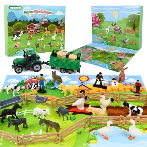 HERMORRYSS Adventskalender 2025 Kinder, Bauernhof Adventskalender mit Bauernhof Figuren, Traktor, Zubehör und Karte, Farm Weihnachtskalender mit 15 Bauernhoftieren, für Klein Kinder Jungen Mädchen