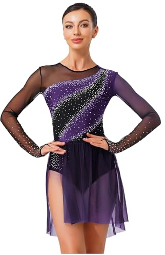 dPois Abito da Balletto Ballo Lirico Contemporaneo Donna Vestito da Pattinaggio Artistico Manica Lunga Body Ginnastica Ritmica con Strass Costume da Ballo Latino Tango
