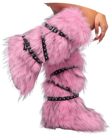ORANDESIGNE Femme Bottine en Peluche Fourrure Hiver Bottes de Neige Plate Bottines Fourrées Y2K avec Boucle de Ceinture A Rose Foncé 40 EU