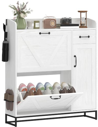 HOMCOM Zapatero Estrecho con 2 Cajones Abatibles 106,7x26x116 cm Blanco | Zapatero Entrada Recibidor Rústico, con Cajón y Estantes Ajustables, para 12 Pares de Zapatos, Espacio Reducido
