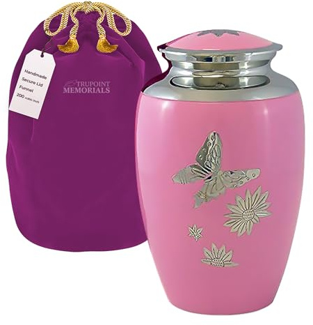 Pink Butterfly Lovely Adult Cremation Urn For Human Ashes - This Large Pink Urn Is Adorned With Butterfly's - It's Simple Design Brings Comfort While Protecting Your Loved Ones Remains- w Velvet Bag