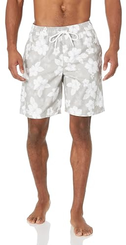 Amazon Essentials Short de Bain de 23cm avec Doublure en Maille, Poches, Fermeture à Cordon Homme, Gris Fleur D'hibiscus, S