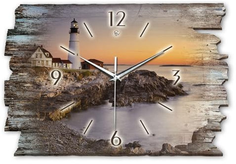 Kreative Feder Designer Wanduhr „Leuchtturm“ aus Holz 40x27cm im Shabby Style Design - Designeruhr mit flüsterleisem Uhrwerk ohne Ticken (Leuchtturm, leises Funkuhrwerk)