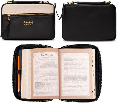 Christian Art Gifts Bibelhülle für Damen, veganes Leder, modisch, inspirierender Reißverschluss, wasserabweisend, schützende Tragetasche mit Quaste, Taschen und Stiftschlaufen, Schwarz und Hellbraun