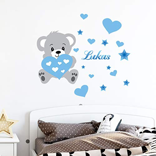 Pegatinas Personalizadas con Nombre Personalizado, diseño de Oso – Decoración de Pared para habitación Infantil – 2 láminas de 30 x 35 cm y 50 x 30 cm – Tono Azul