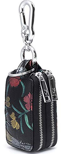 Aileder Schlüsseletui echtes Leder Doppelreißverschluss Auto-Schlüsselanhänger Schlüsseltasche handbemalte Blumen Schlüsselmäppchen für Damen, Blumenmuster