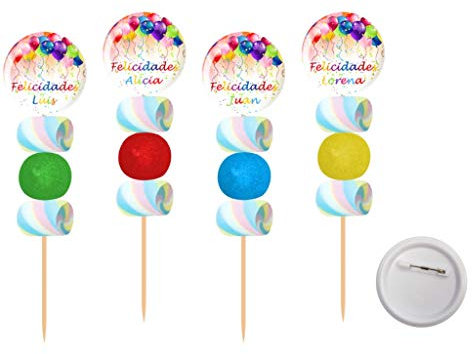 Lote de 30 Originales Brochetas de Golosinas Personalizables Chapa Alfiler Felicidades. Recuerdos. Juguetes y Regalos para Fiestas de Cumpleaños, Bodas, Bautizos y Comuniones.DC.