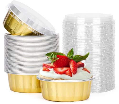 Beasea Lot de 50 ramequins jetables avec couvercles, 236,8 g, en aluminium doré, pour crème brûlée, muffins, cupcakes, pudding pour fête, mariage, anniversaire
