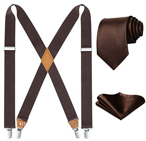 HISDERN Herren Hosenträger mit 4 Starken Metall Clips X Form Verstellbar Elastisch Hosenträger Krawatte und Einsteckuch Set Braun