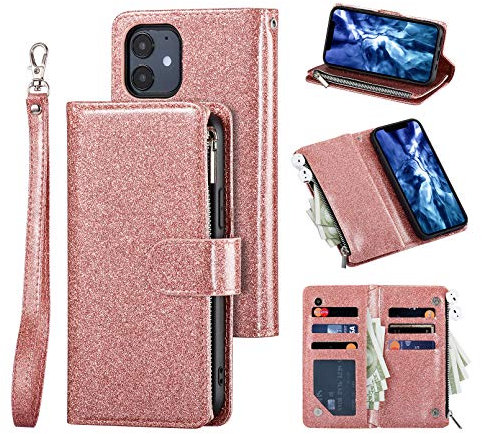 UEEBAI Wallet Case for iPhone 12 iPhone 12 Pro 6.1 inch, Premium Glitter PU Leather Case Magnetic Closure Bling Handbag Zipper Pocket Case Kickstand Card Holder Slots Shockproof Flip Cover - Rose Gold
