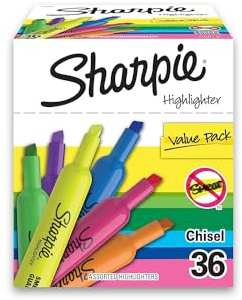 Sharpie Tank Highlighters, Fluorescent And Pastel Highlighters, Chisel Tip, Highlighter Markers Set, Assorted Colors, Value Pack, 36 Count - School, Office, Teacher Supplies
