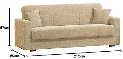 Dmora - 3-Sitzer Schlafsofa Pinto, lineares Container-Schlafsofa, Wohnzimmersofa aus gepolstertem Stoff mit Klick-Klack-Öffnung, 212 x 80 x 87 cm, Blau