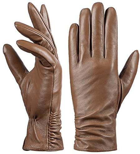 Damen Winter-Lederhandschuhe mit Touchscreen Text, warmes Lammfell, 100% reines echtes Leder (Orange, S)