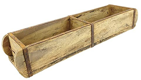 Crispe home & garden Alte Holz Aufbewahrungs-Box – Doppel Ziegelform aus Holz – 2 Fächer – mit Metallbeschlägen – Maße (HxBxT) 10 x 55,5 x 15 cm