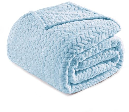 Exclusivo Mezcla King Size Fleece Blanket for Bed, 230x265 CM Soft Cozy Jacquard Flannel Blankets, Lightweight Fuzzy Plush Warm for All Seasons, Light Blue